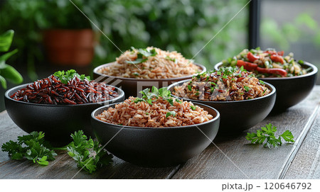 Various type and bowls with cooked Black, red, basmati, brown, wild rice, 120646792