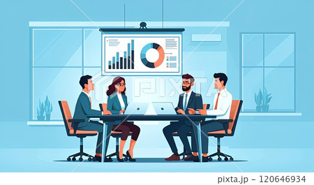 ビジネス会議とプレゼンテーションシーン - 協力的な企業チームワーク 120646934