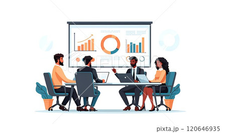 ビジネス会議とプレゼンテーションシーン - 協力的な企業チームワーク 120646935
