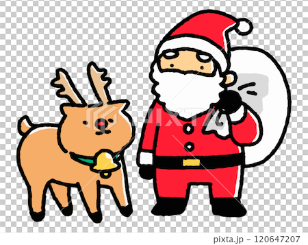 サンタクロースとトナカイ ゆるい手描き絵のイラスト素材 [120647207