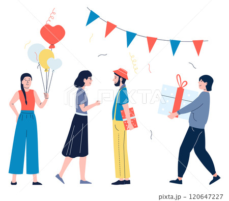A group of people are standing around a birthday party with balloons 120647227