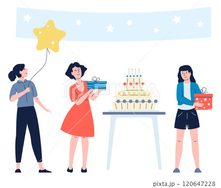 Three women are standing around a table with a cake and balloons Three women are standing around a table with a cake and balloons 120647228