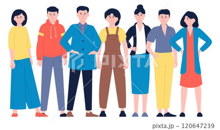 A group of people are standing in a line, with some wearing blue 120647239