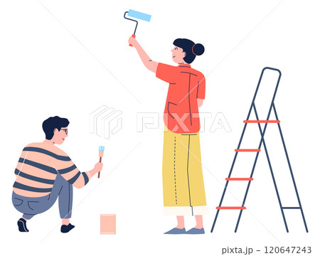 A man and a woman are painting a wall together 120647243