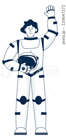 A man in a spacesuit is waving 120647272