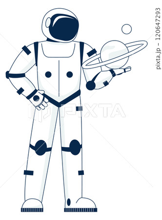 A man in a blue spacesuit holding a ball and a planet 120647293