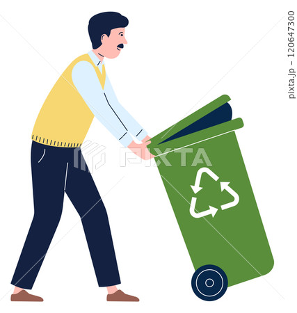 A man is holding a green trash can and pushing it 120647300