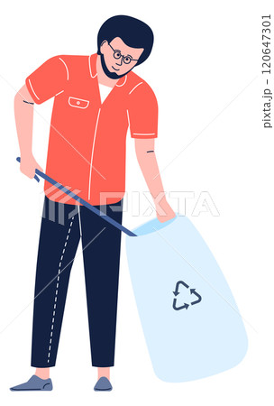 A man in a red shirt is holding a trash bag and a stick A man in a red shirt is holding a trash bag and a stick 120647301