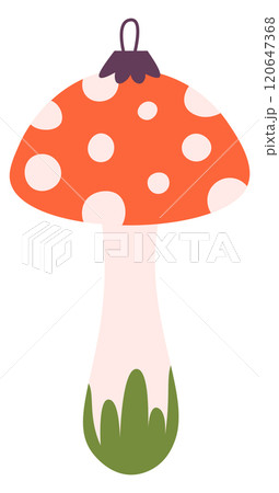 A cartoon mushroom with green leaves and red polka dots 120647368