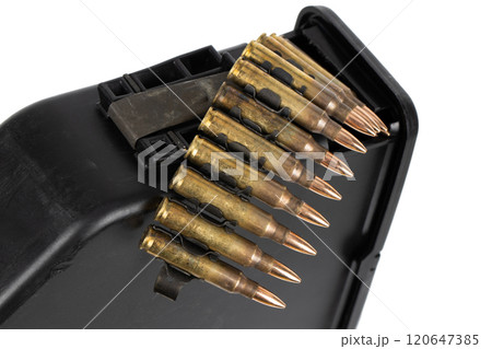 5.56 mm ammunition belt with cartridges in ammunition box 5.56 mm ammunition belt with cartridges in ammunition box 120647385