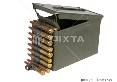 .50 BMG caliber machine gun ammunition belt with cartridges in ammunition can. 120647391