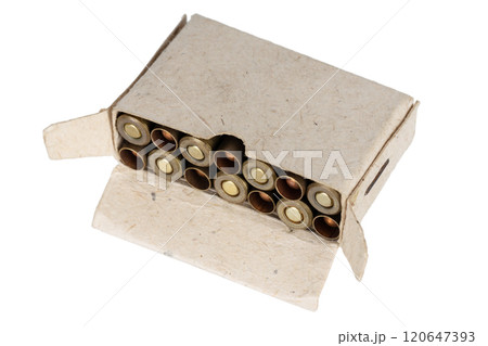 Vintage retro ammunition for revolver gun in a cardboard box. Vintage retro ammunition for revolver gun in a cardboard box. 120647393
