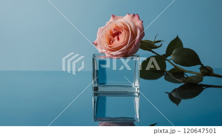 rose on a glass square on a blue background 120647501