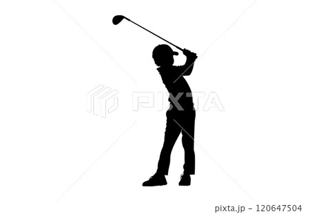 Silhouette of a boy playing Golf. The child stands in profile and swung the stick to strike Silhouette of a boy playing Golf. The child stands in profile and swung the stick to strike 120647504