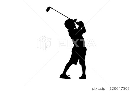 Silhouette of a boy playing Golf. The child stands in profile and swung the stick to strike Silhouette of a boy playing Golf. The child stands in profile and swung the stick to strike 120647505