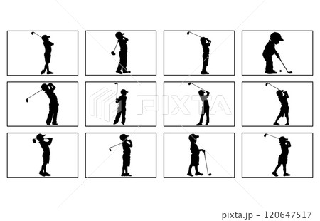 Silhouette of a boy playing Golf. The child stands in profile and swung the stick to strike Silhouette of a boy playing Golf. The child stands in profile and swung the stick to strike 120647517