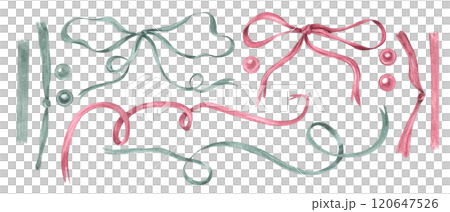 Dusty pink and green satin bows, ribbons, pearl beads watercolor illustration clip art. Decorative elements for birthday, Mother day, Christmas package, holiday design, invitation 120647526