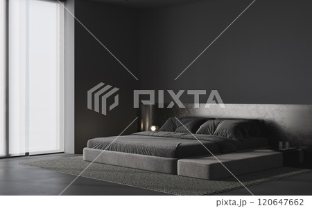 Stylish mockup, cozy dark bedroom interior background, 3d render Stylish mockup, cozy dark bedroom interior background, 3d render 120647662