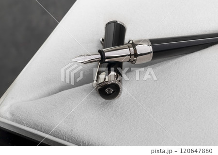 Branded Pen in a Box. Gift Set. Selective Focus. Office Interior Branded Pen in a Box. Gift Set. Selective Focus. Office Interior 120647880