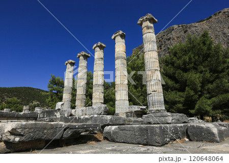 Image of historical ruins, columns, ancient theater and temples in the ancient city of Priene. Image of historical ruins, columns, ancient theater and temples in the ancient city of Priene. 120648064