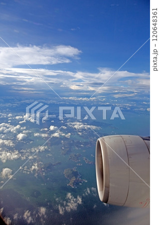 Stunning aerial view of clouds from airplane window showcasing a serene and breathtaking sky scenery 120648361