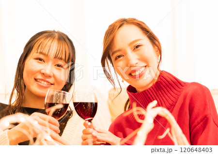 ホームパーティでワインの乾杯する二人の女性 ホームパーティでワインの乾杯する二人の女性 120648403