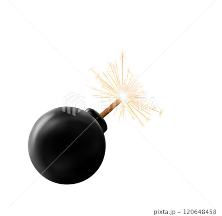 Black Bomb sparkles, realistic bomb with burning fuse. emitting sparks, ready for explode. Isolated weapon. transparent Png with a lit wick creating a sense of imminent explosion. 120648458