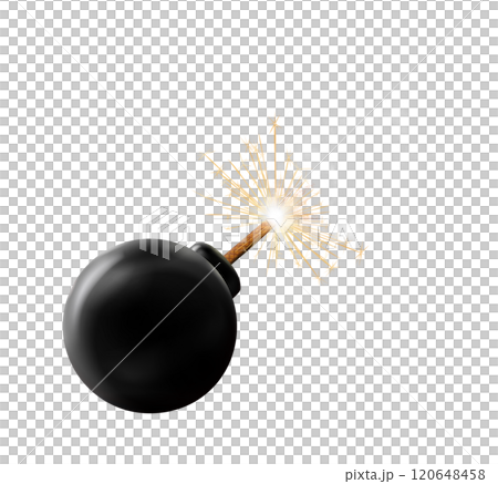 Black Bomb sparkles, realistic bomb with burning fuse. emitting sparks, ready for explode. Isolated weapon. transparent Png with a lit wick creating a sense of imminent explosion. 120648458