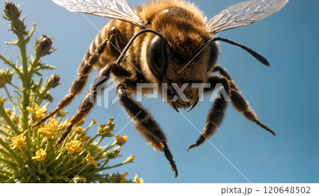 Photorealistic digital illustration of a close-up of a bee in flight 120648502