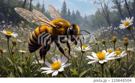 Photorealistic digital illustration of a close-up of a bee in flight 120648504