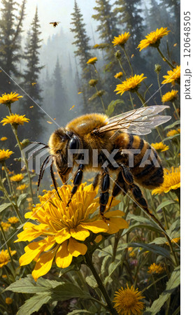 Photorealistic digital illustration of a close-up of a bee in flight 120648505