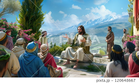 Jesus preaches the word of the Lord to a crowd of believers. Jesus' words transcend the physical realm, touching the very core of his followers' spiritual existence. 120648667