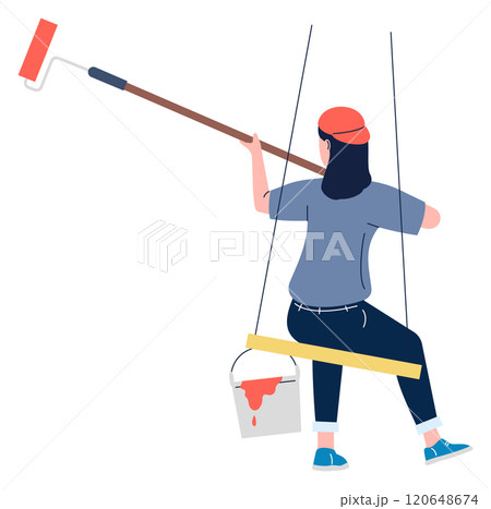 A woman is painting a wall while sitting on a swing 120648674