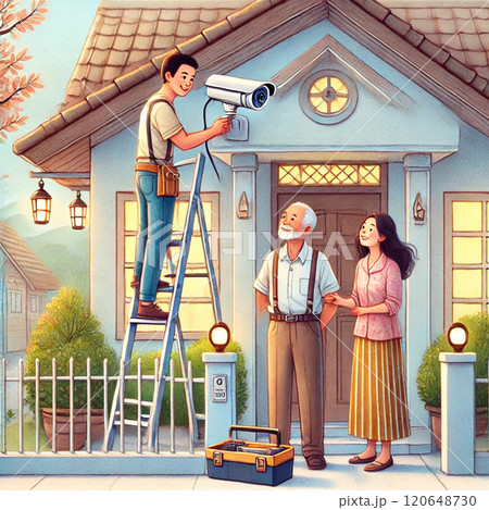 高齢の親の不安解消のために防犯カメラを設置している息子さん 高齢の親の不安解消のために防犯カメラを設置している息子さん 120648730