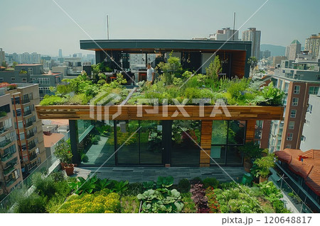 Eco-friendly urban district with green rooftops. A lush oasis amidst the concrete jungle, where green rooftops breathe life into the urban district. Eco-friendly urban district with green rooftops. A lush oasis amidst the concrete jungle, where green rooftops breathe life into the urban district. 120648817
