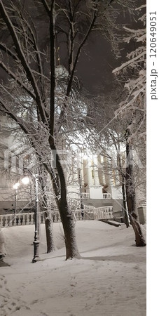 Winter landscape with snowy park and streetlights 120649051