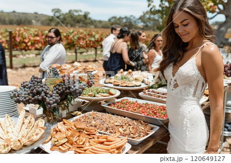 Family meeting on a vineyard. Wedding party. Laughter echoes through the vineyard as the family indulges in the divine nectar of the grapes, toasting to love, happiness, and unity. 120649127