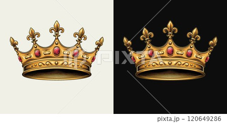 Golden crown with red gemstones ruby, fleur de lis sign on points. Vintage style. Golden crown with red gemstones ruby, fleur de lis sign on points. Vintage style. 120649286
