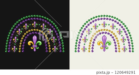 Rainbow made with bead strings, Fleur de Lis sign. Design element for Mardi Gras decoration. 120649291