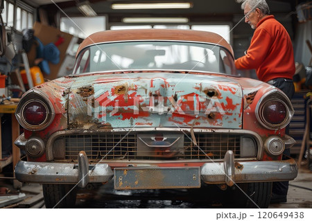 Vintage car repair master during work in his garage. The garage is filled with the rhythmic sound of the master's hammer, as he skillfully reshapes a stubborn fender. 120649438