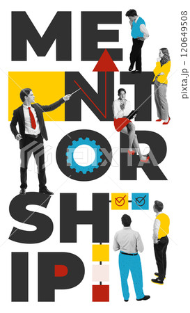 Mentorship in business, with business people collaborating, sharing knowledge, and guiding others with symbolic icons and typography. Contemporary art collage. 120649508