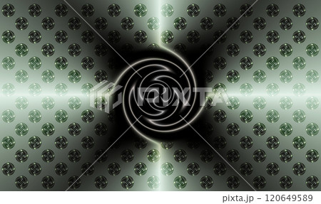 A swirling pattern in the center that transitions into rays of light between which an X-shaped shadow is visible. A bright silver image with multiple circular patterns and a central pattern. 120649589