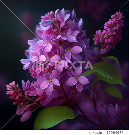 A large branch of lilac blossoms. Spring blue lilac flowers close up on blurred background - AI generated image A large branch of lilac blossoms. Spring blue lilac flowers close up on blurred background - AI generated image 120649764