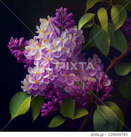 A large branch of lilac blossoms. Spring blue lilac flowers close up on blurred background - AI generated image 120649765