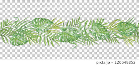 Watercolor tropical green leaves horizontal seamless banner. Hand painted palm, Areca, Cycas and monstera foliage pattern for textile, holiday package, kitchen canvas, wall art, decorative 120649852