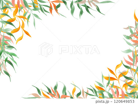 Abstract watercolor colorful leaf branches rectangle frame. Green, orange foliage illustration with copy space for text. Horizontal floral border for greeting cards, invitation, birthday decor 120649853