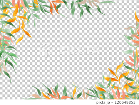 Abstract watercolor colorful leaf branches rectangle frame. Green, orange foliage illustration with copy space for text. Horizontal floral border for greeting cards, invitation, birthday decor 120649853