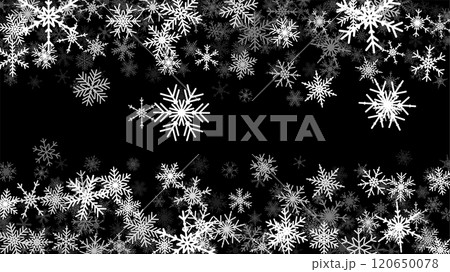 Christmas background with falling snowflakes. Winter holiday background or frame with pattern of holiday snow. 120650078
