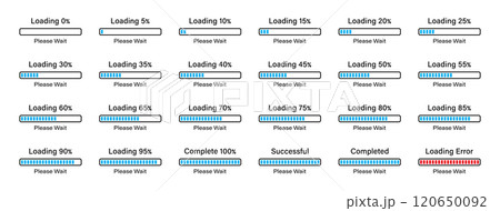 Percentage loading rectangular bar infographics set progressing from 0 to 100 percent with a difference of 5% in blue color. Set of rectangular bar loading 5%, 10%, 75%, 95% and 100% infographics set. 120650092