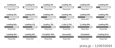 Percentage loading rectangular bar infographics set progressing from 0 to 100 percent with a difference of 5% in black color. Set of rectangular bar loading 5%, 10%, 75%, 95%, 100% infographics set. 120650094